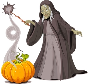 old lady witch pumpkin doing magician Logo PNG Vector